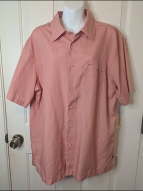 Cova Button Down Short Sleeve Casual Orange Peach Check Shirt, Size Large